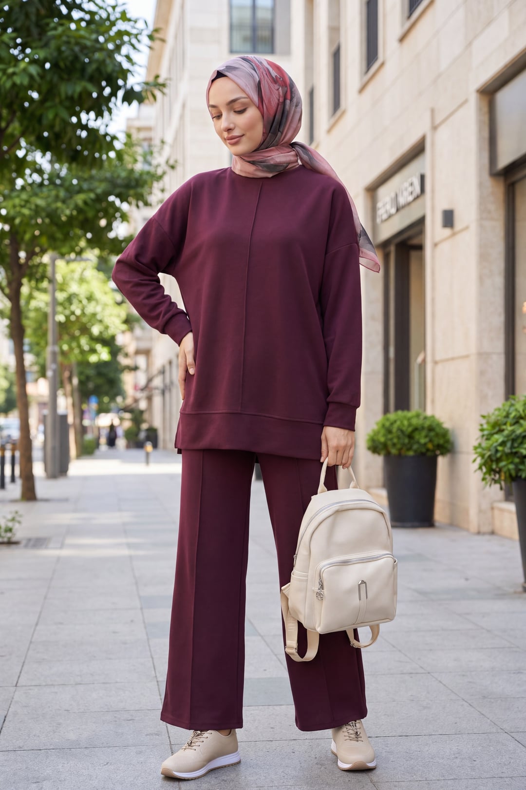 Side Slit Front Tie Lounge Set with Wide-Leg Pants - Plum - Podyumplus - by Peralane - photo 2
