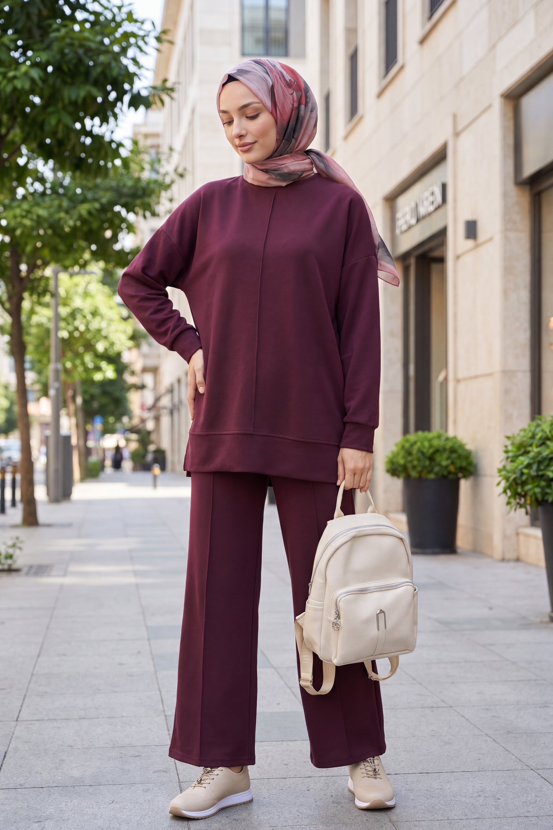 Side Slit Front Tie Lounge Set with Wide-Leg Pants - Plum - Podyumplus - by Peralane - photo 2