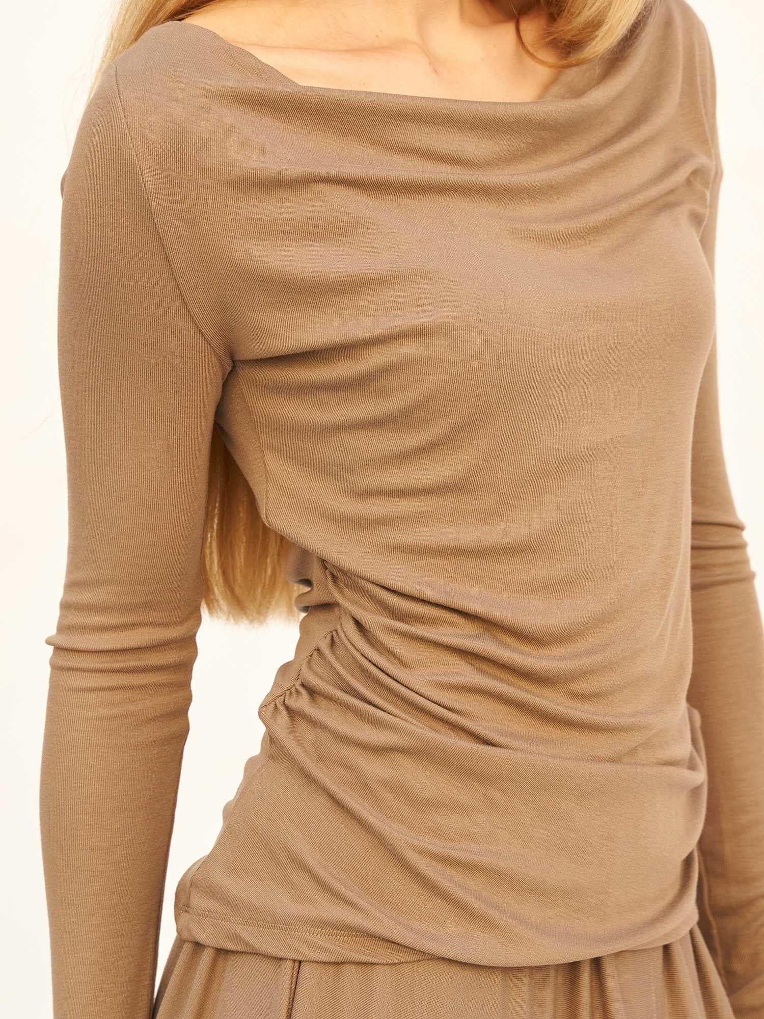Draped Off-Shoulder Top and High-Low Midi Skirt Co-ord Set in Taupe - Lefon - by Peralane - photo 8