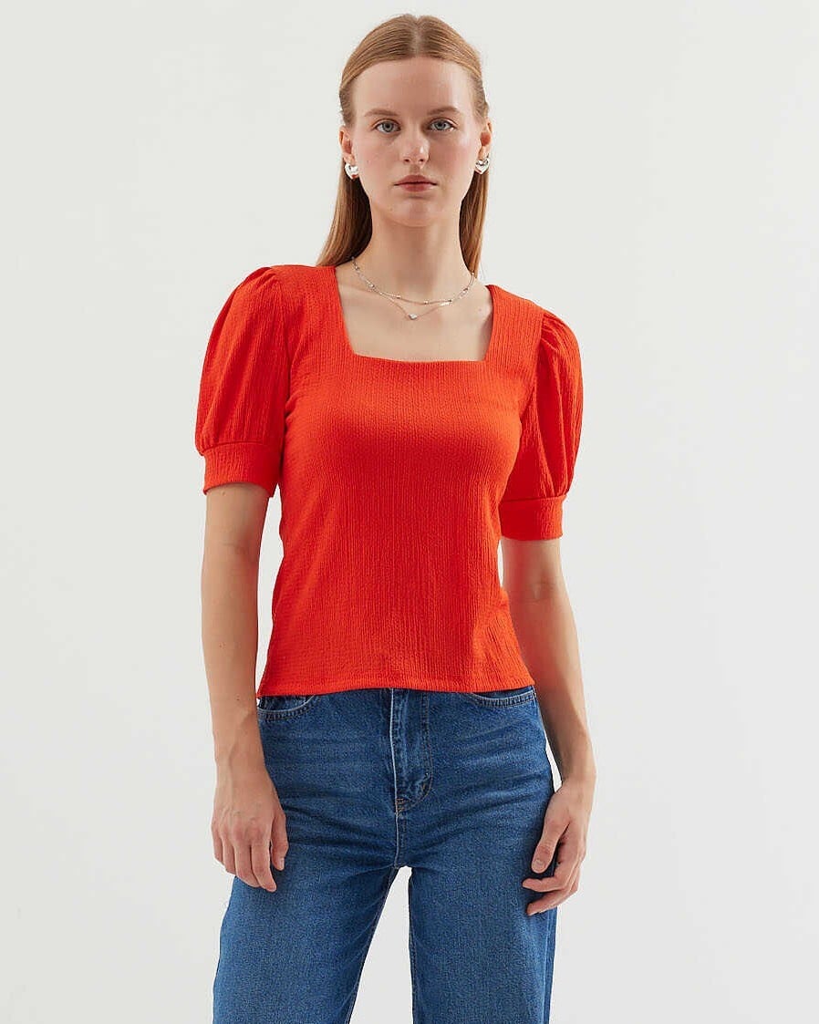 Square Neck Ribbed Knit Blouse - Orange - Bigdart - by Peralane - photo 3