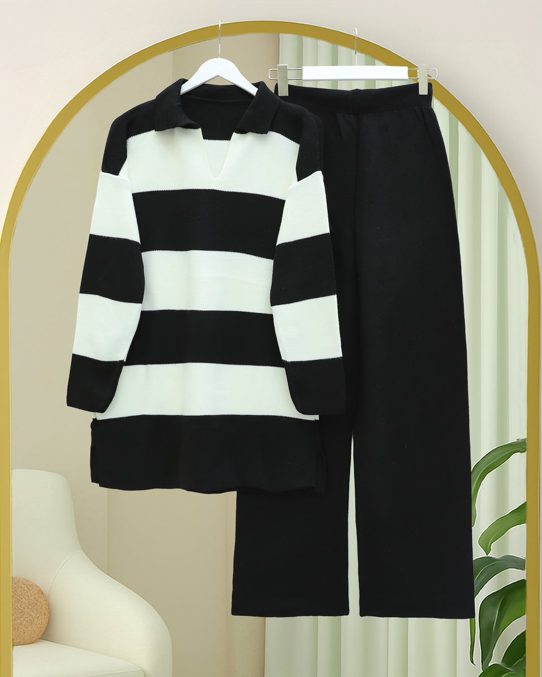 V-Neck Knit Two-Piece Set with Tunic and Wide-Leg Trousers - Black - Podyumplus - by Peralane - photo 3