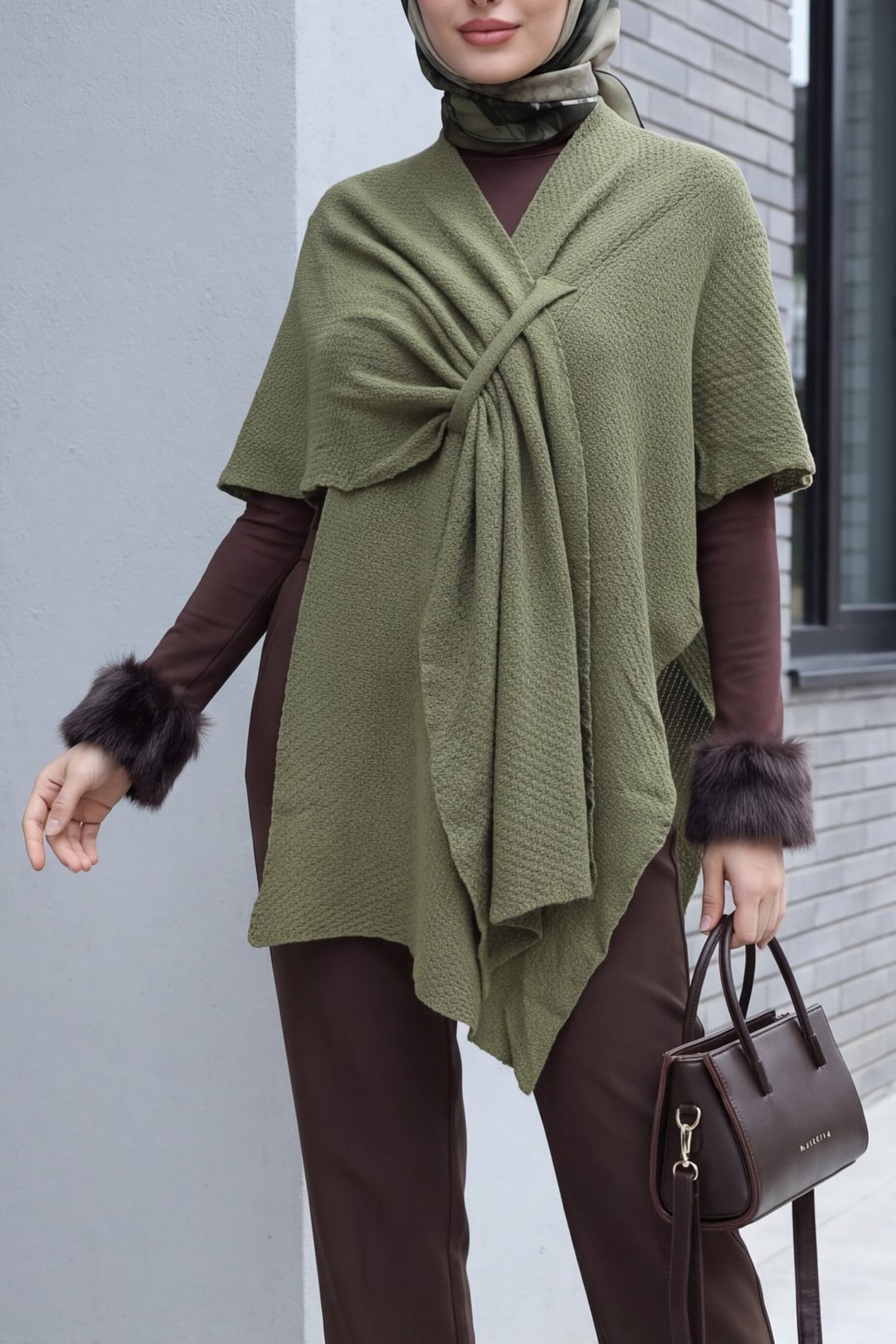 Olive Green Slouchy Knit Poncho Cardigan - Podyumplus - by Peralane