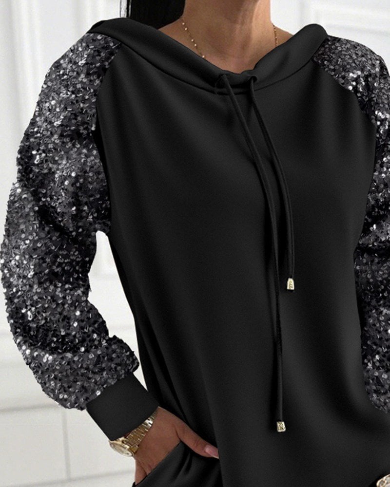 Women's Long Sleeve Sequin Drawstring Mini Dress with Pockets - Black - Janes - by Peralane - photo 4