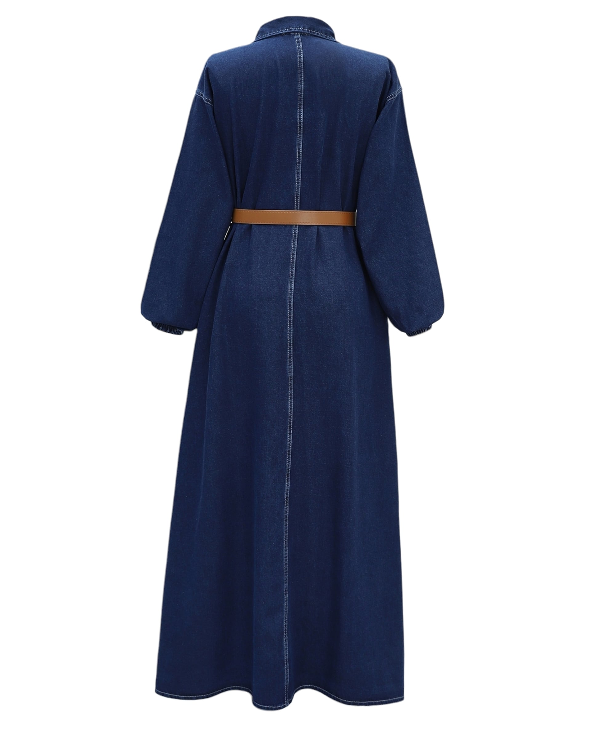Half Button Long Sleeve Belted Denim Dress - Dark Navy - Podyumplus - by Peralane - photo 5