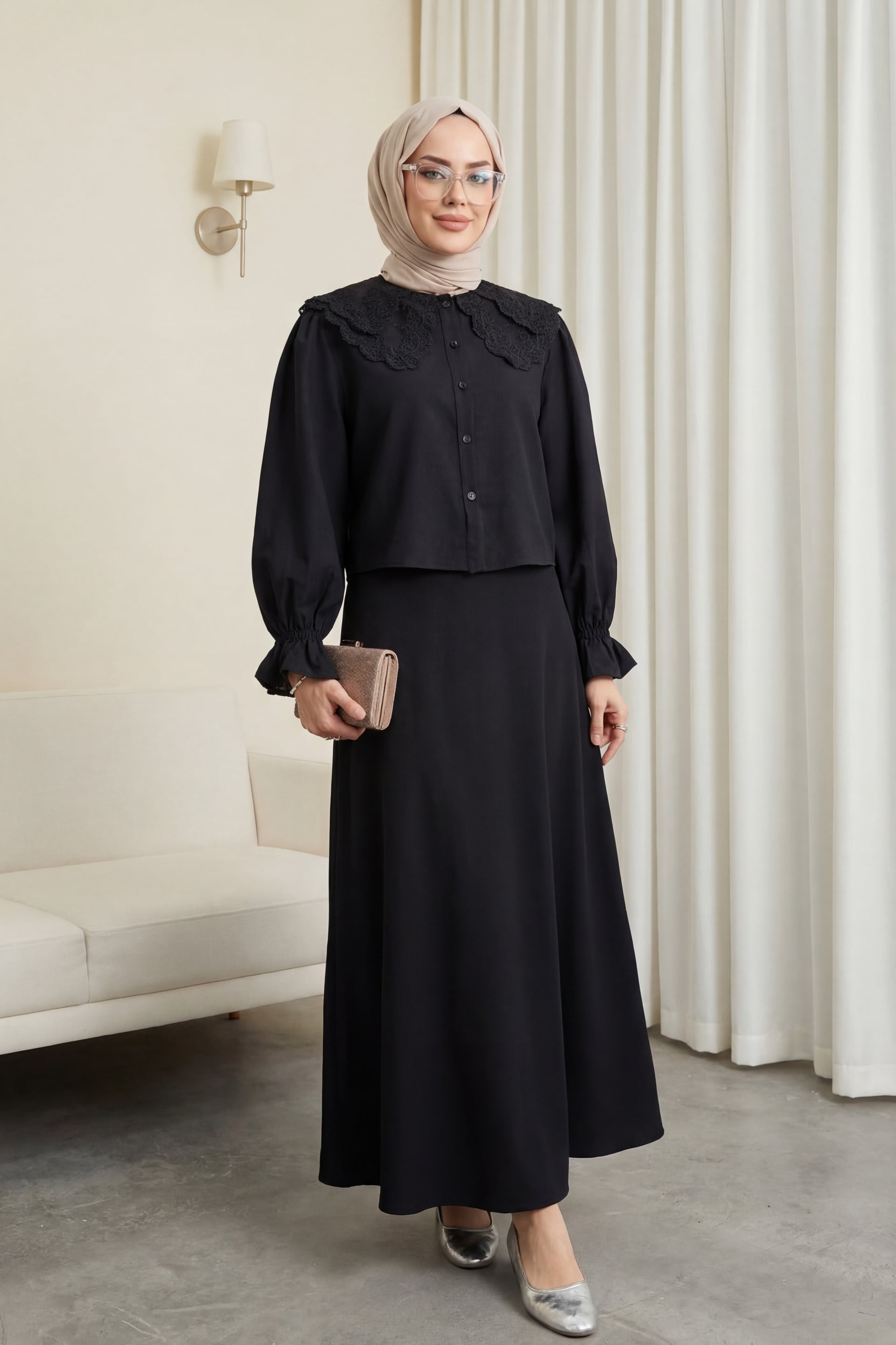 Women's Modest Two-Piece Set with Blouse and Flared Skirt in Black - Podyumplus - by Peralane