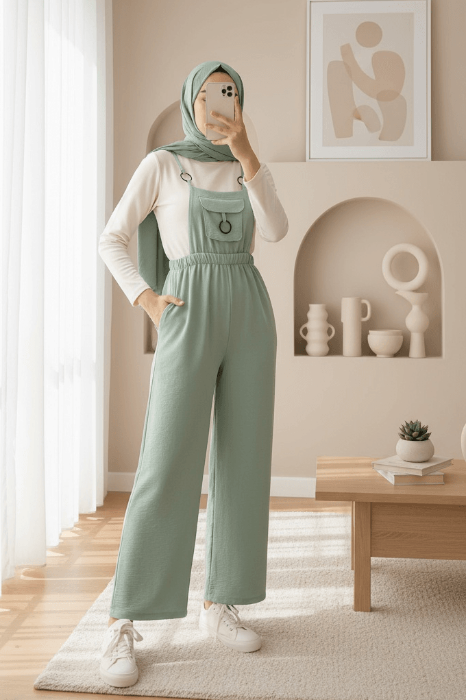 Adjustable Strap Knit Overalls with Metal Ring Details - Light Green - Bigdart - by Peralane