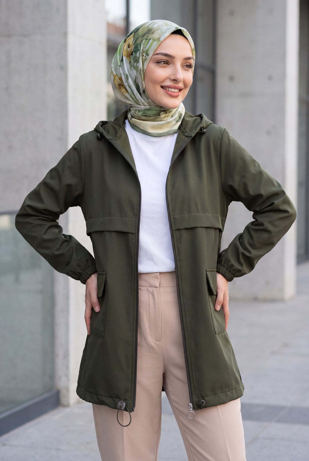 Hooded Zip-Up Raincoat with Flap Pockets - Olive Green - Podyumplus - by Peralane - photo 2