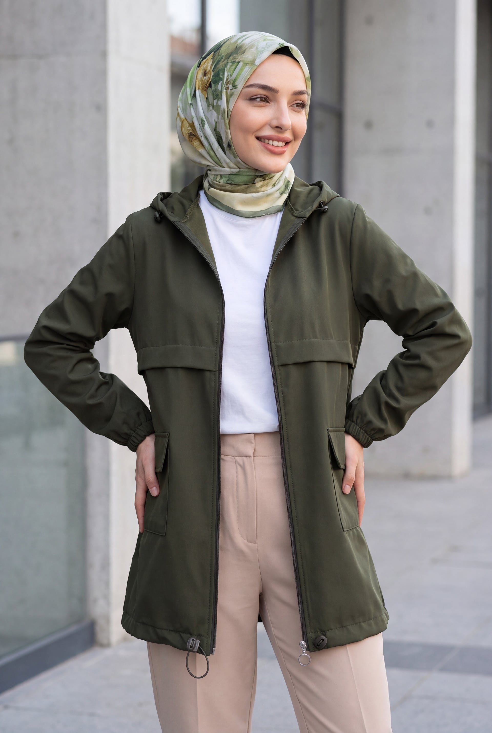Hooded Zip-Up Raincoat with Flap Pockets - Olive Green - Podyumplus - by Peralane - photo 2