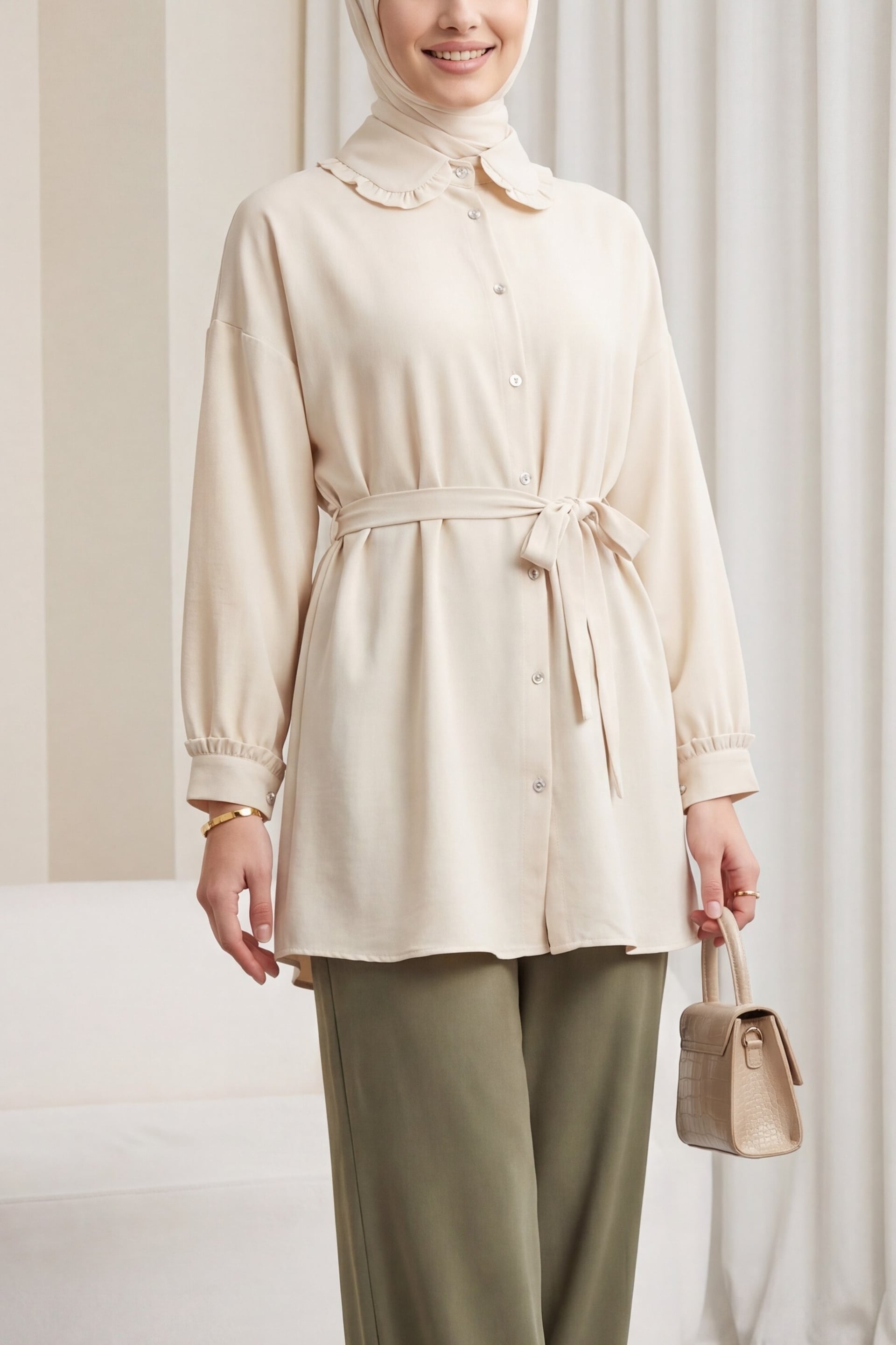 Stone Button Bow Peter Pan Collar Imported Crepe Tunic - Beige - Podyumplus - by Peralane - photo 3