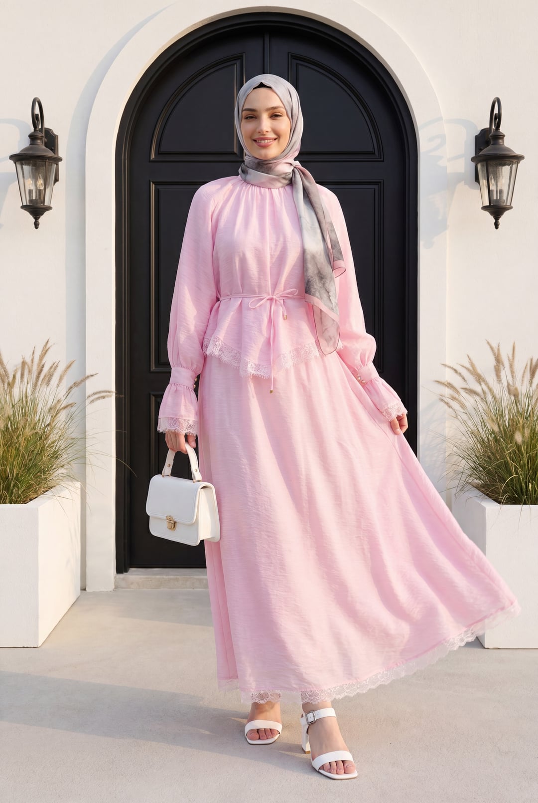 Lace Trim Belted Lined Flam Tulle Ensemble - Powder - Podyumplus - by Peralane - photo 2