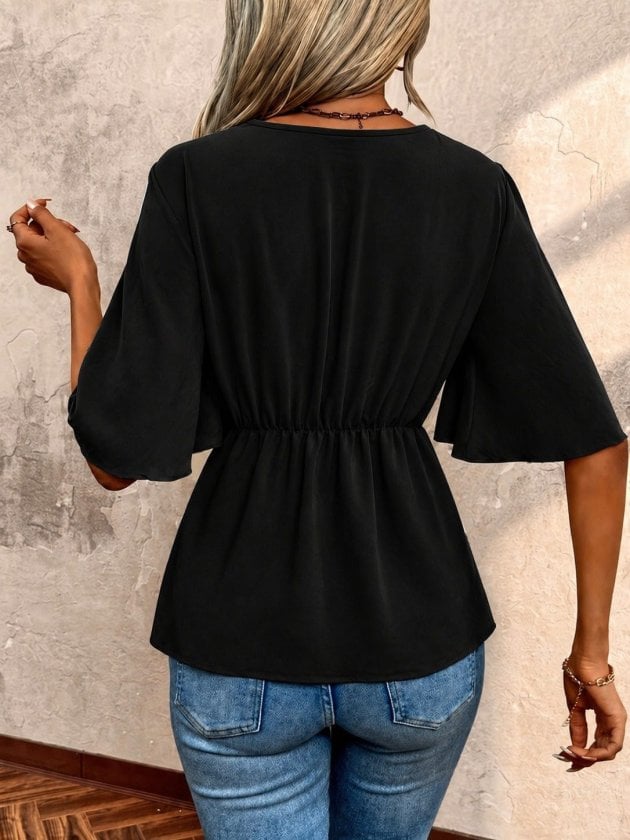 Women's Short-Sleeved Wrap Neck Tie-Waist Blouse - Janes - by Peralane - photo 3