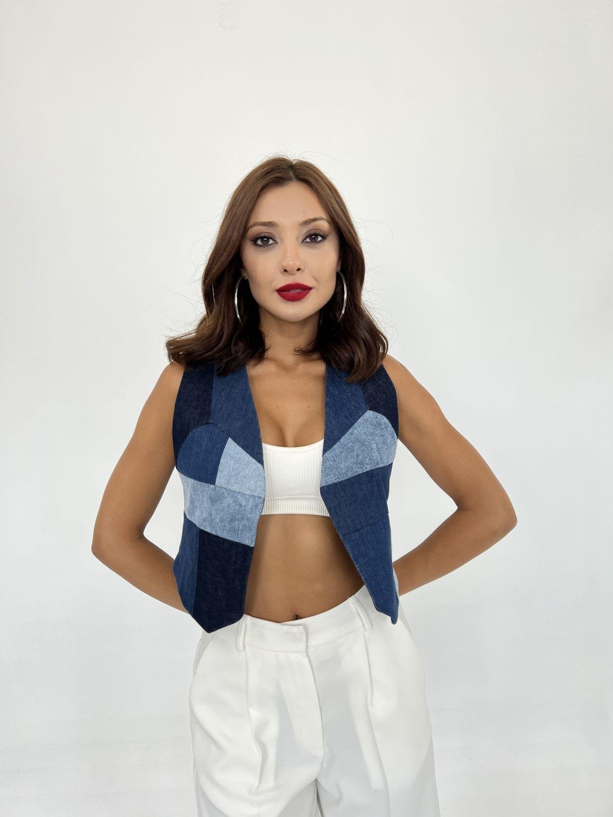 Patchwork Denim Vest - Blue - Fame - by Peralane - photo 4