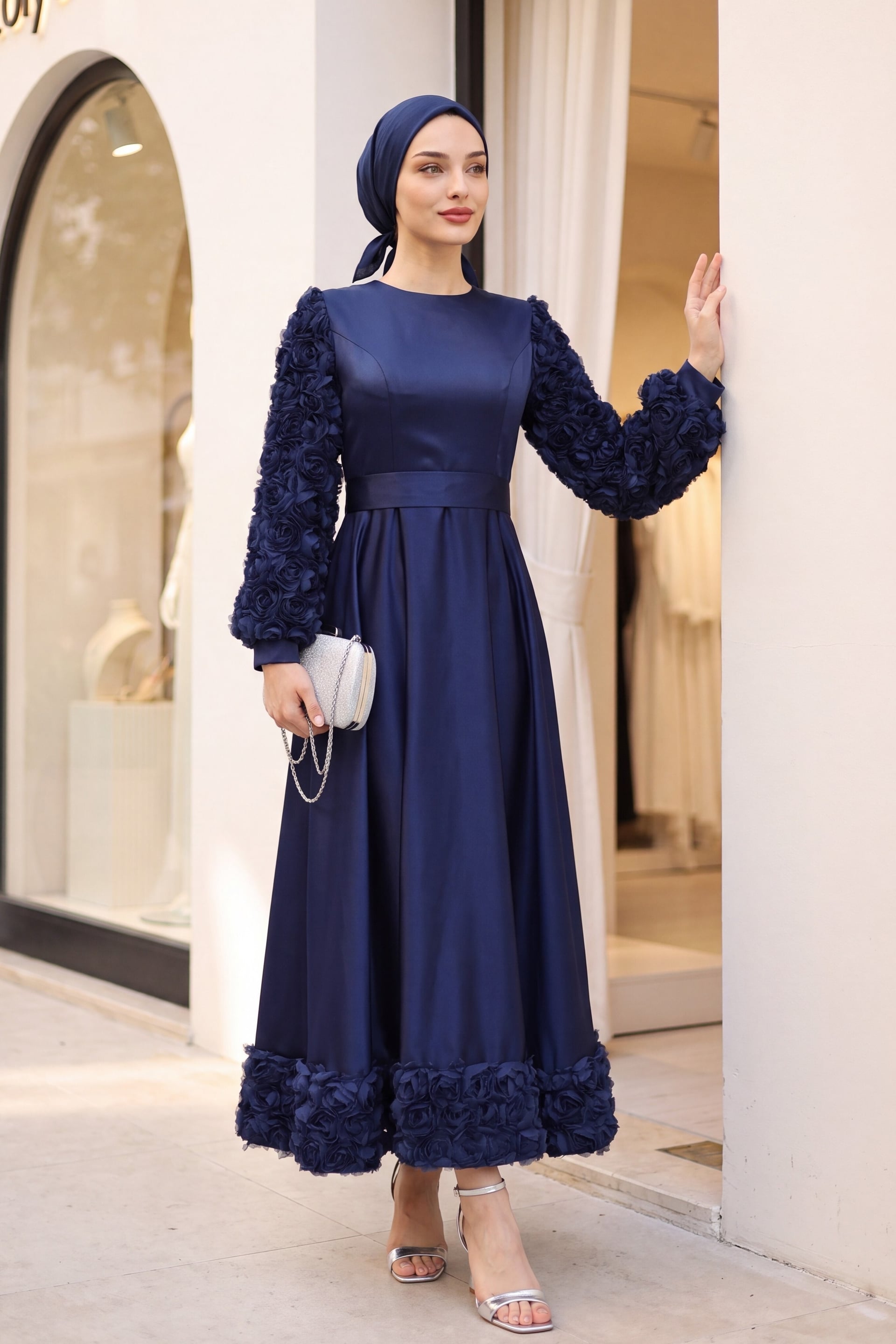 Navy Blue Rose Detail Satin Formal Dress - Podyumplus - by Peralane - photo 5