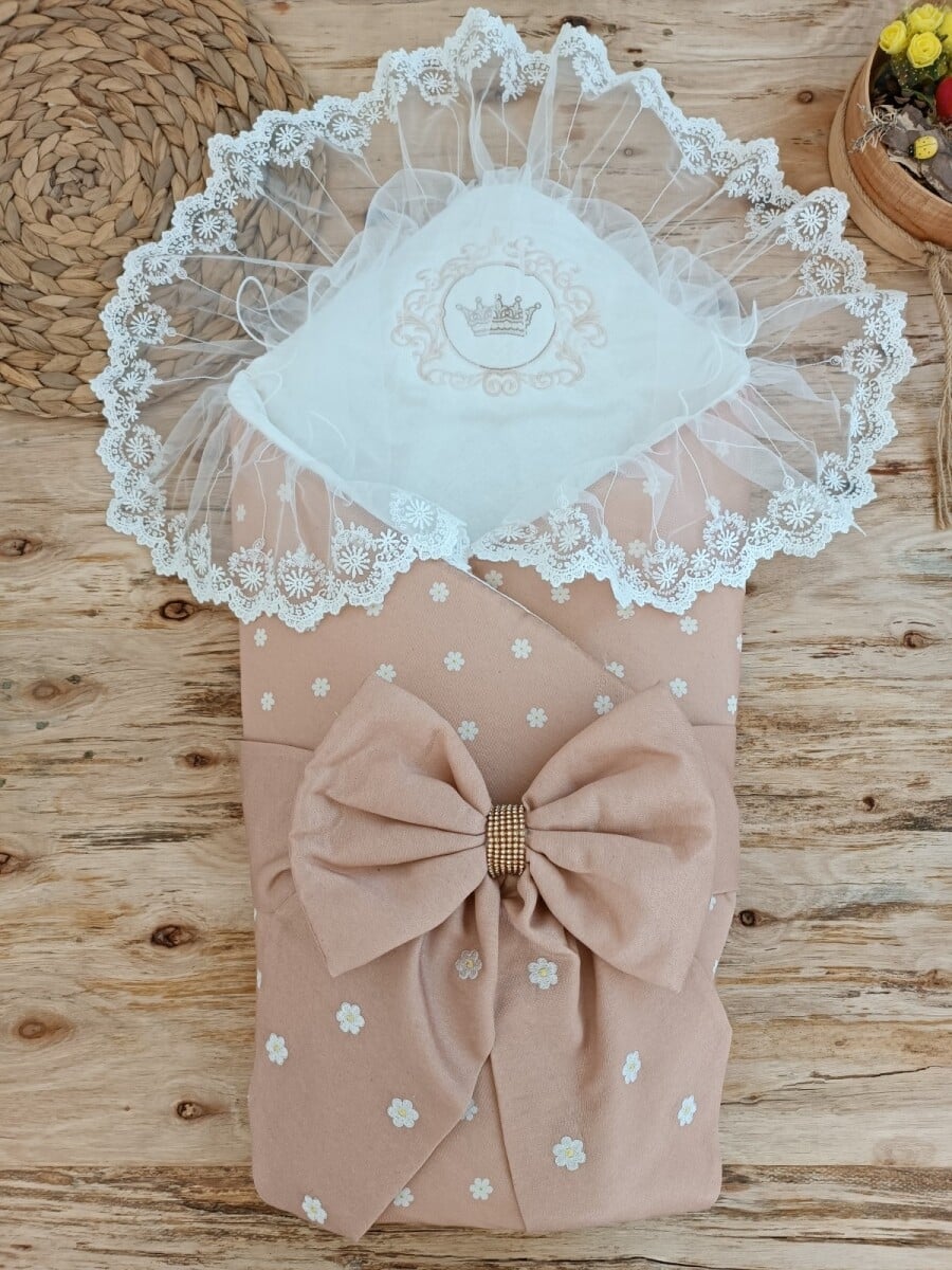 Baby Swaddle with Floral Print and Bow - Pale Peach - Tomuycuk - by Peralane