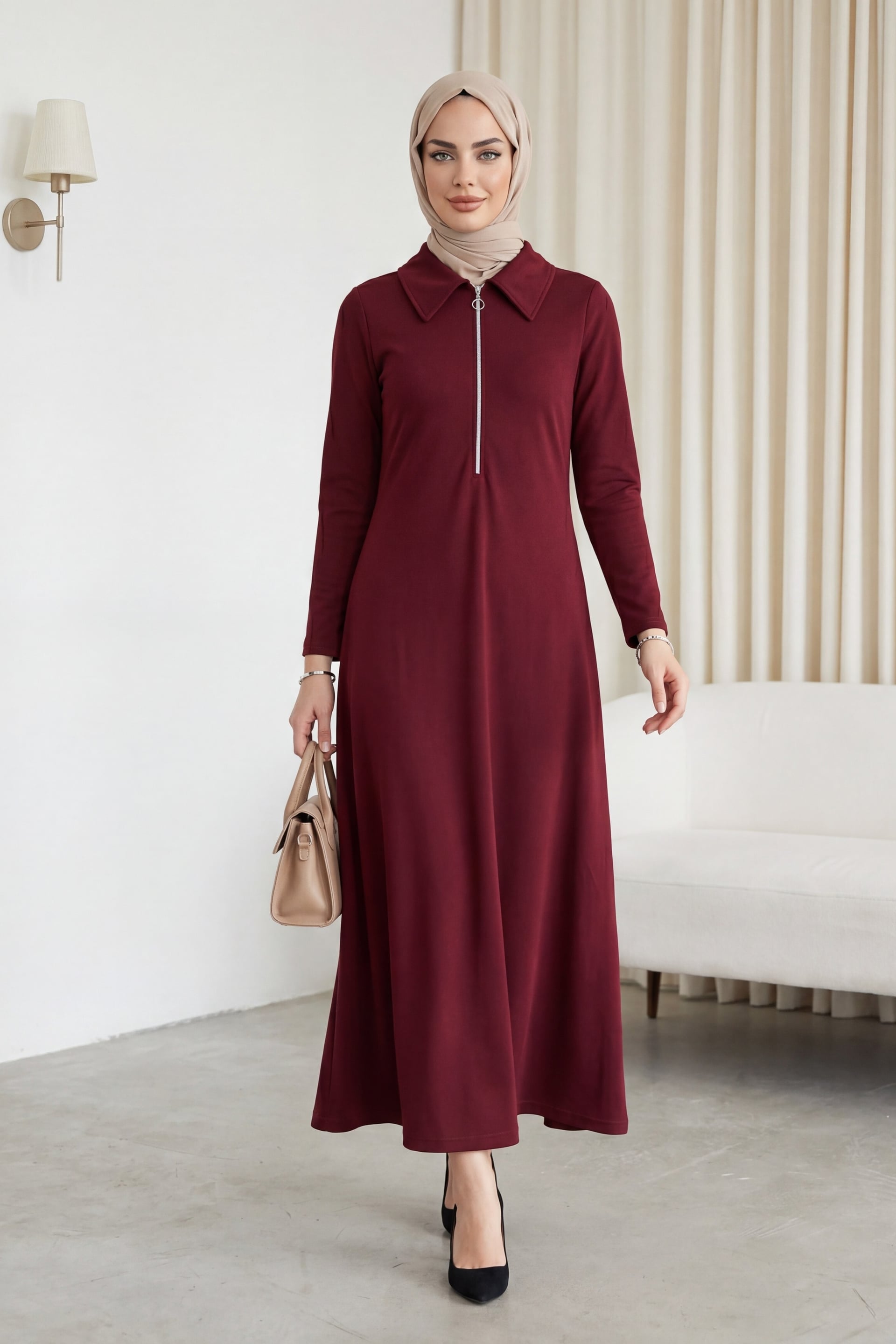Women's Long Dress with Half Zip and Collar - Burgundy - Podyumplus - by Peralane - photo 7