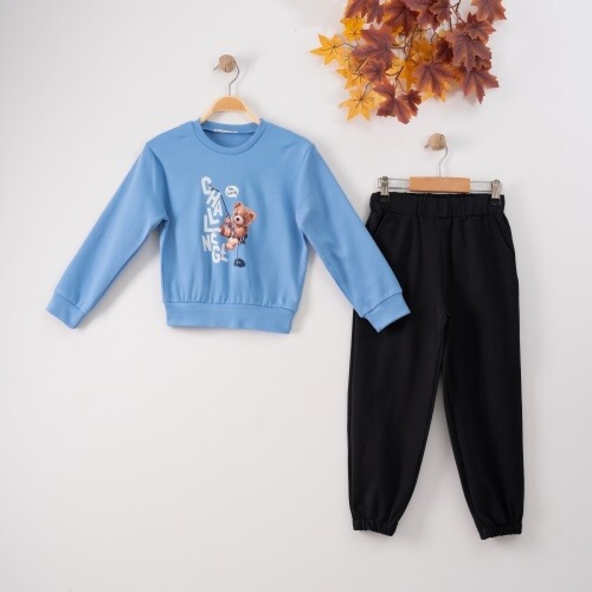Girls' 2-Piece Sweatshirt and Trousers Set - Light Blue and Black - Busra Bebe - by Peralane