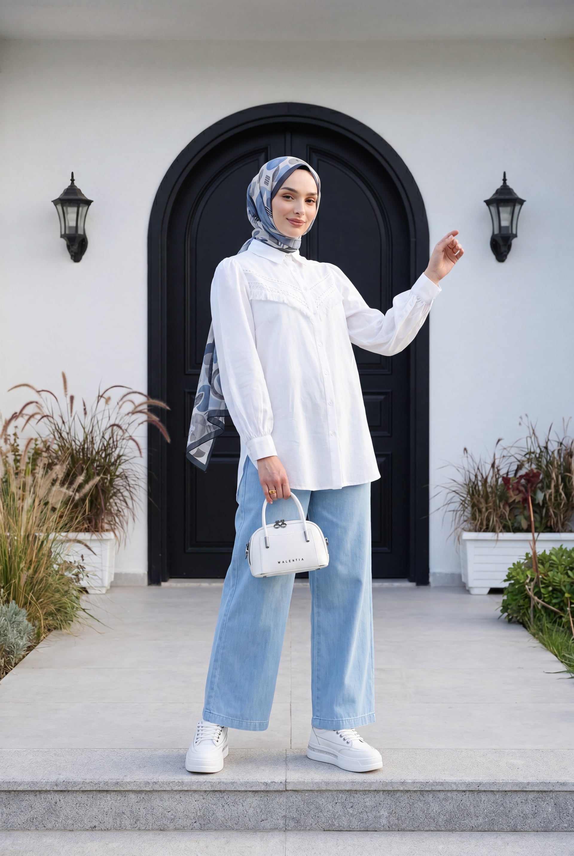 Half Elastic High Waist Wide Leg Denim Trousers - Light Blue - Podyumplus - by Peralane - photo 3