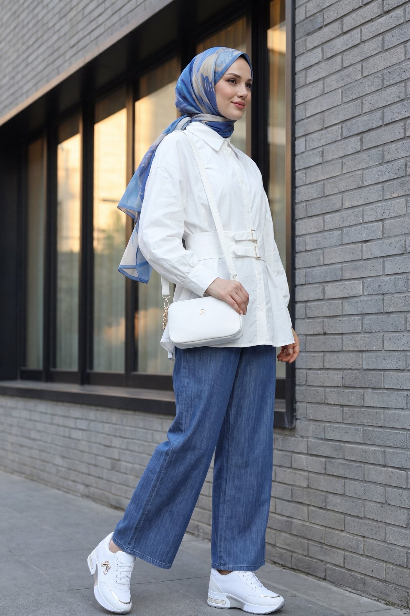Wide-Leg Drawstring Waist Denim Trousers - Dark Blue - Podyumplus - by Peralane - photo 3