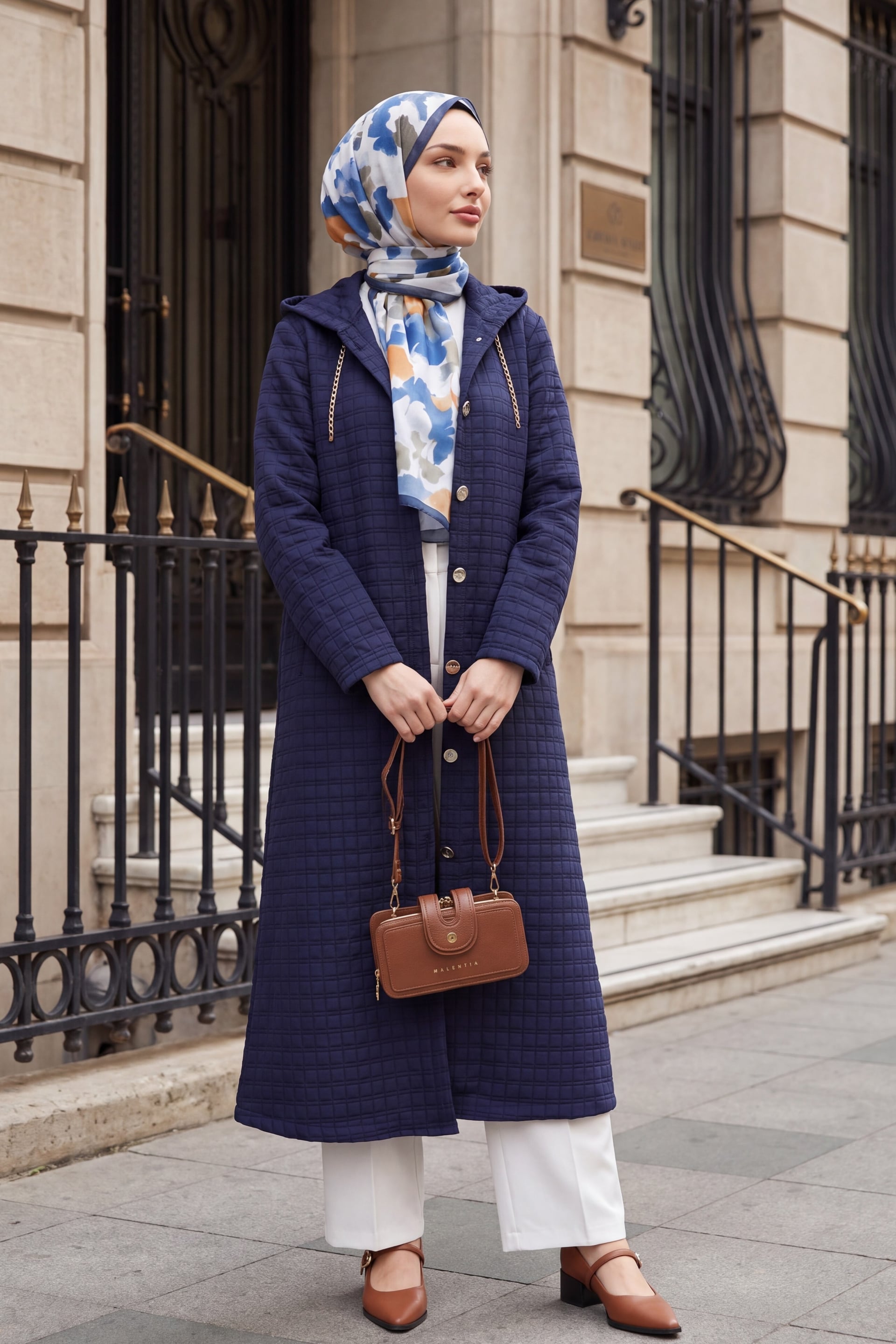 Long Quilted Coat with Chain Detail - Navy - Podyumplus - by Peralane - photo 4