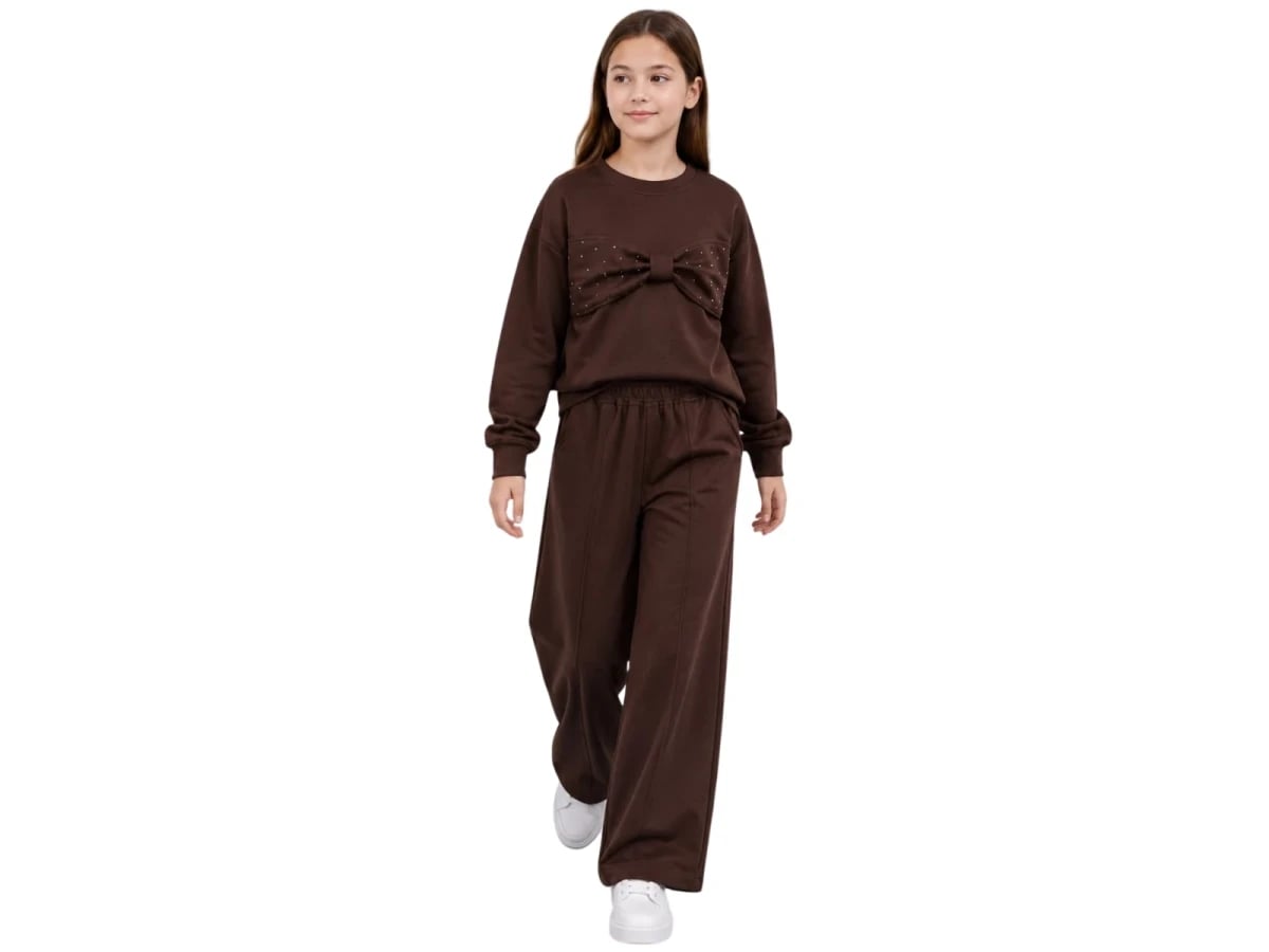 Girls' Brown Bow Detail Sweatshirt and Trousers Set - Incilay - by Peralane