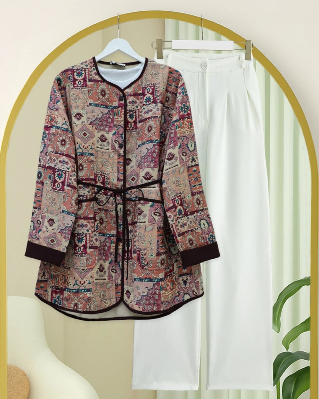 Women's Ethnic Pattern Jacket with Folded Sleeves and Waist Tie - Beige - Podyumplus - by Peralane - photo 6