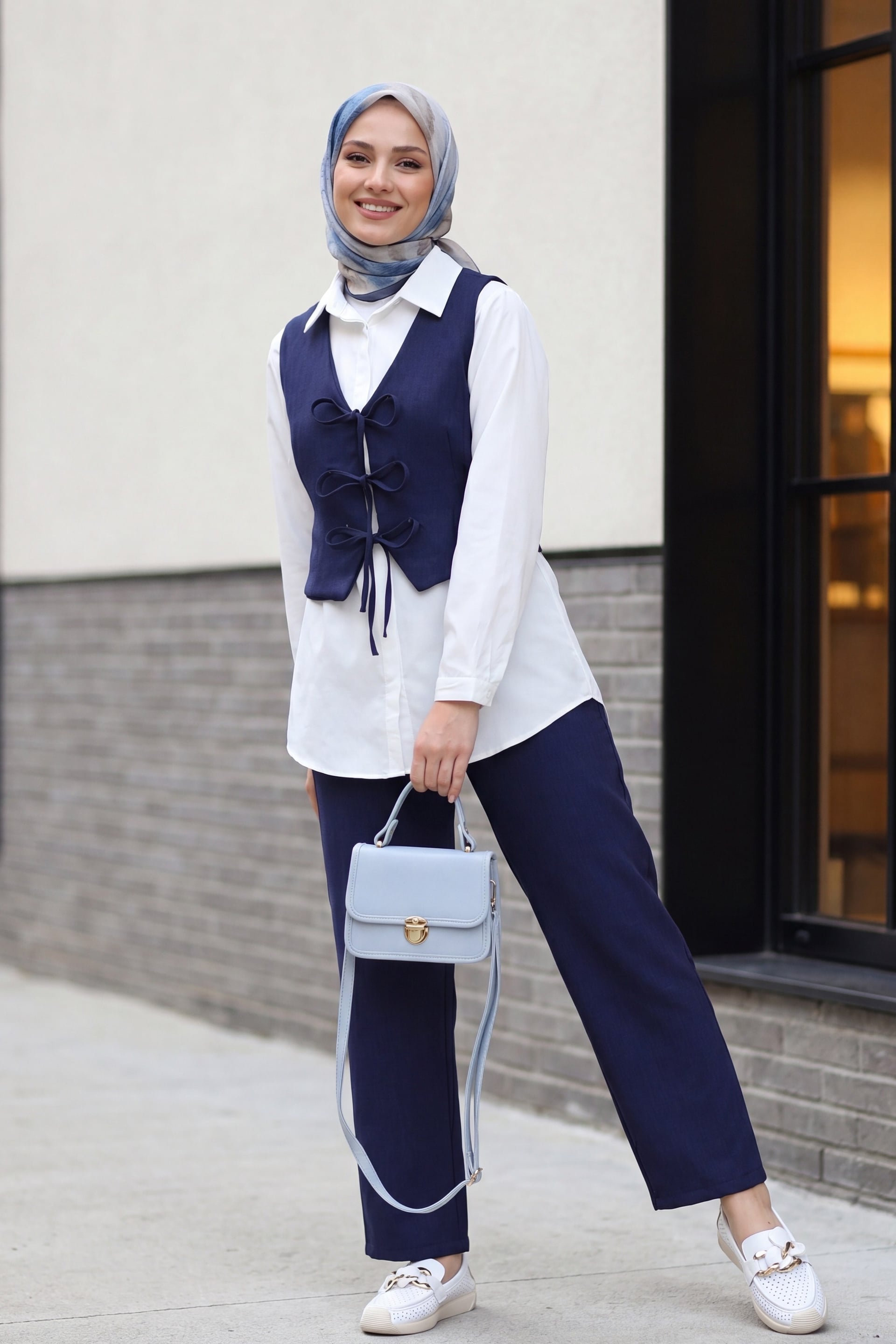 Women's Linen Look 3-Piece Set with Lace-Up Front Shirt, Vest, and Trousers - Navy - Podyumplus - by Peralane