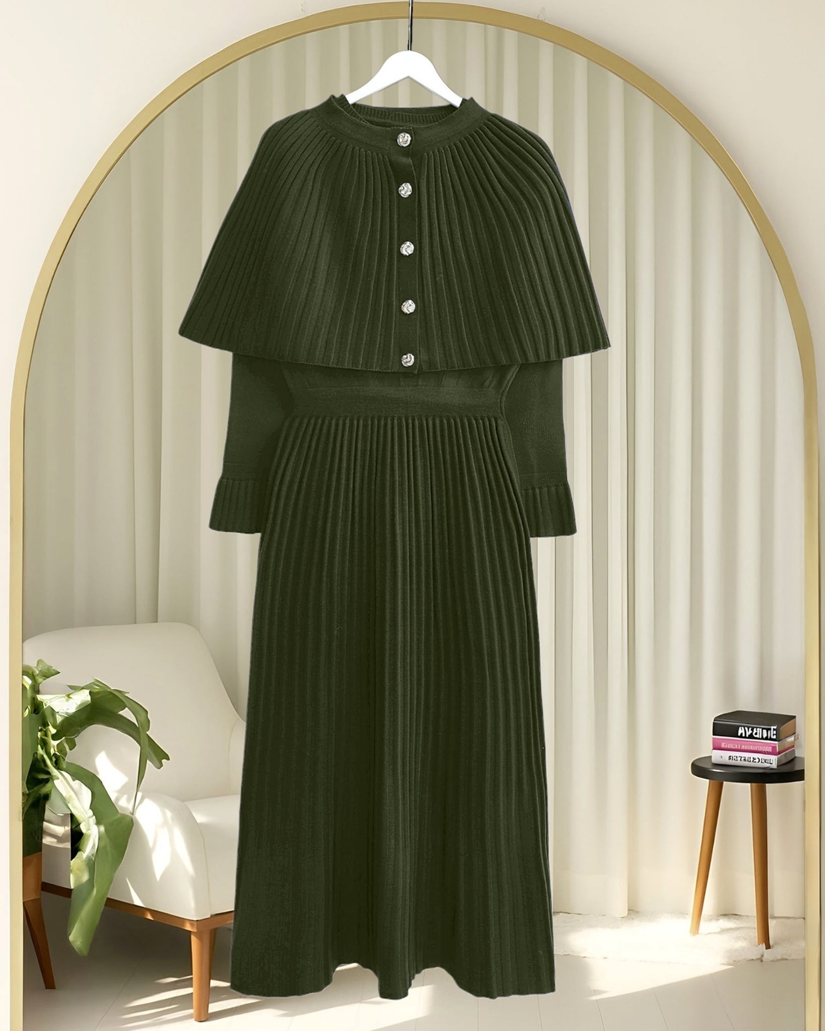 Long Knit Dress with Pleated Cape Overlay and Ribbed Skirt - Olive Green - Podyumplus - by Peralane - photo 5