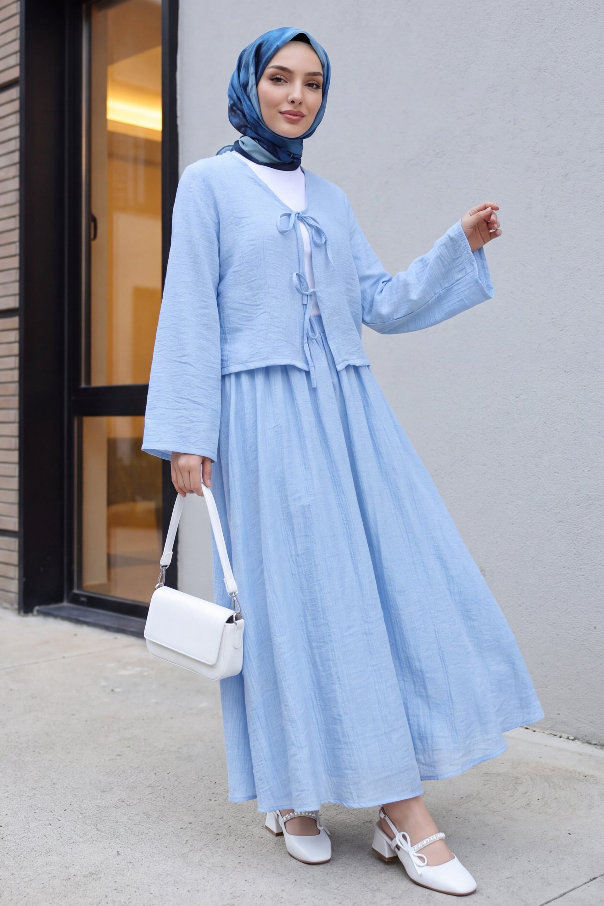 Women's Light Blue Crinkled Kimono Co-ord Set with Tie-Front Jacket and Long Skirt - Podyumplus - by Peralane