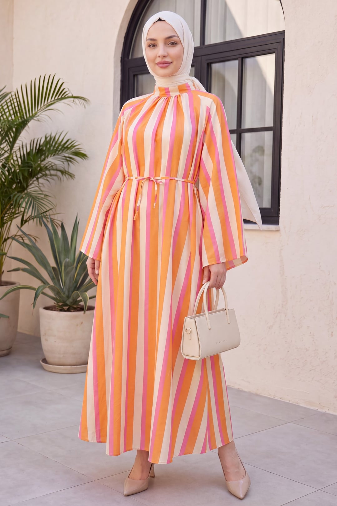 Hakim Collar Belted Patterned Polyviscose Dress - Fuchsia - Podyumplus - by Peralane - photo 2