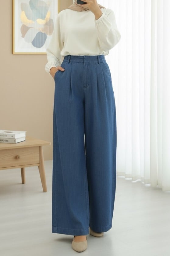 Half-Elastic Double-Pocket Wide-Leg Denim Trousers - Dark Blue - Podyumplus - by Peralane