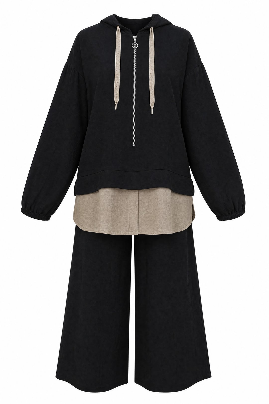 Half-Zip Hooded Sweatshirt and Wide-Leg Trousers Set - Black - Podyumplus - by Peralane - photo 4