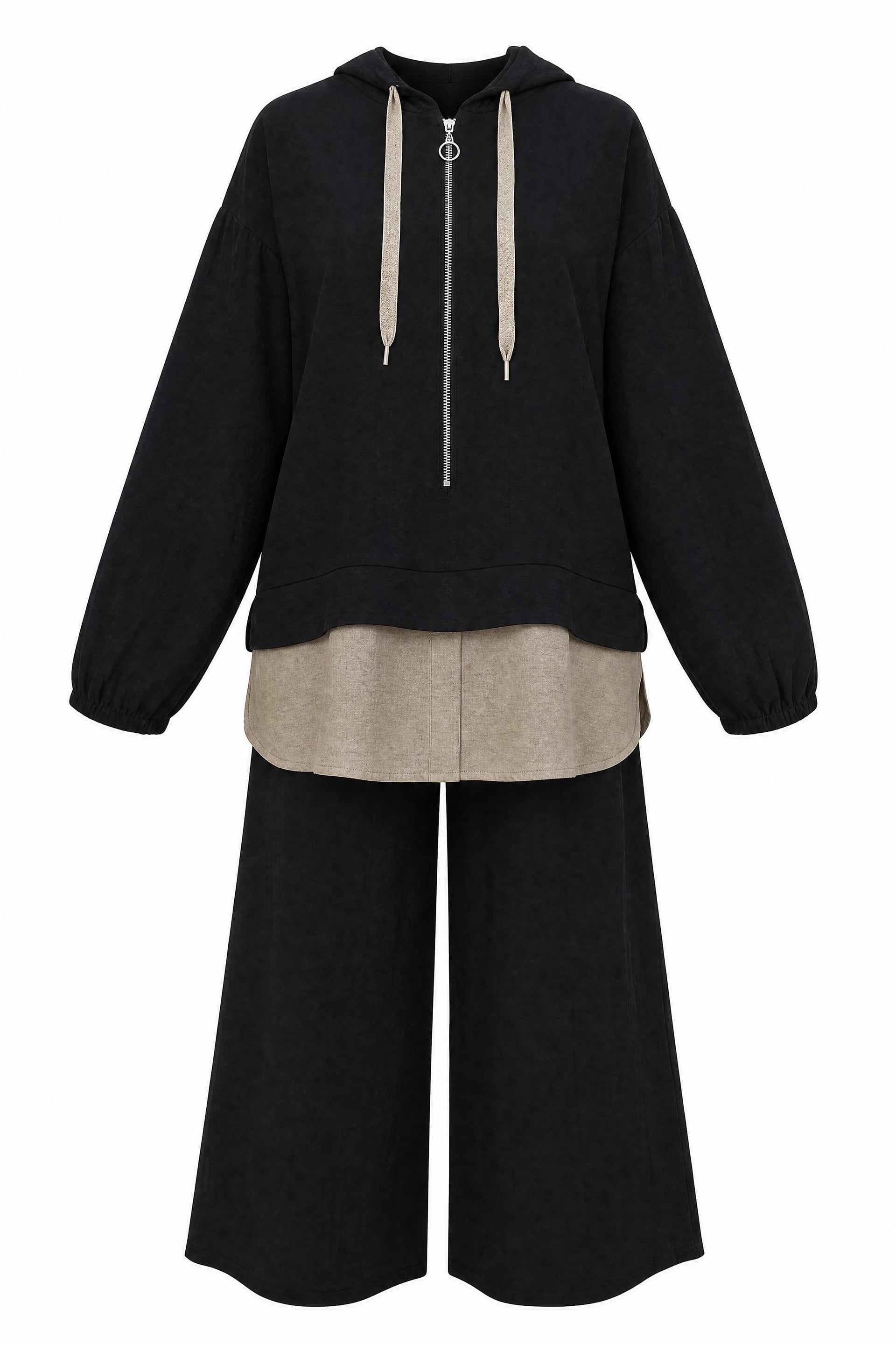 Half-Zip Hooded Sweatshirt and Wide-Leg Trousers Set - Black - Podyumplus - by Peralane - photo 4