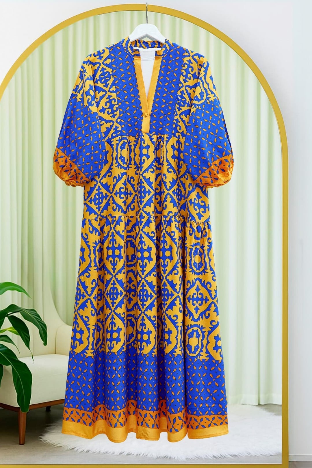 V-Neck Batwing Sleeve Patchwork Viscose Dress - Orange - Podyumplus - by Peralane - photo 4