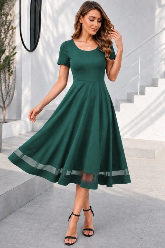 Women's Short-Sleeved Round Neck Tulle Detail Midi Crepe Dress - Janes - by Peralane - photo 3
