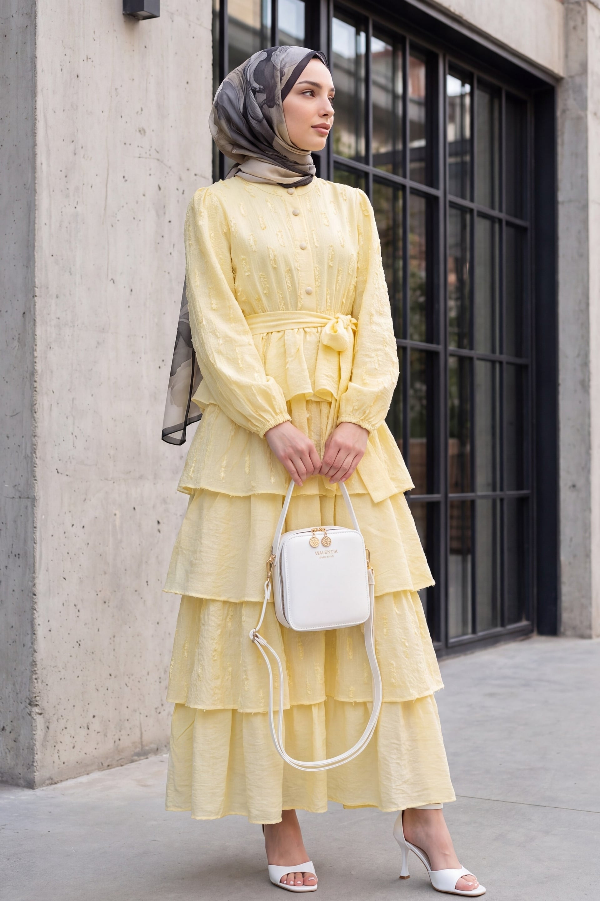 Yellow Crinkle Tiered Midi Dress with Half Button Front and Belt - Podyumplus - by Peralane