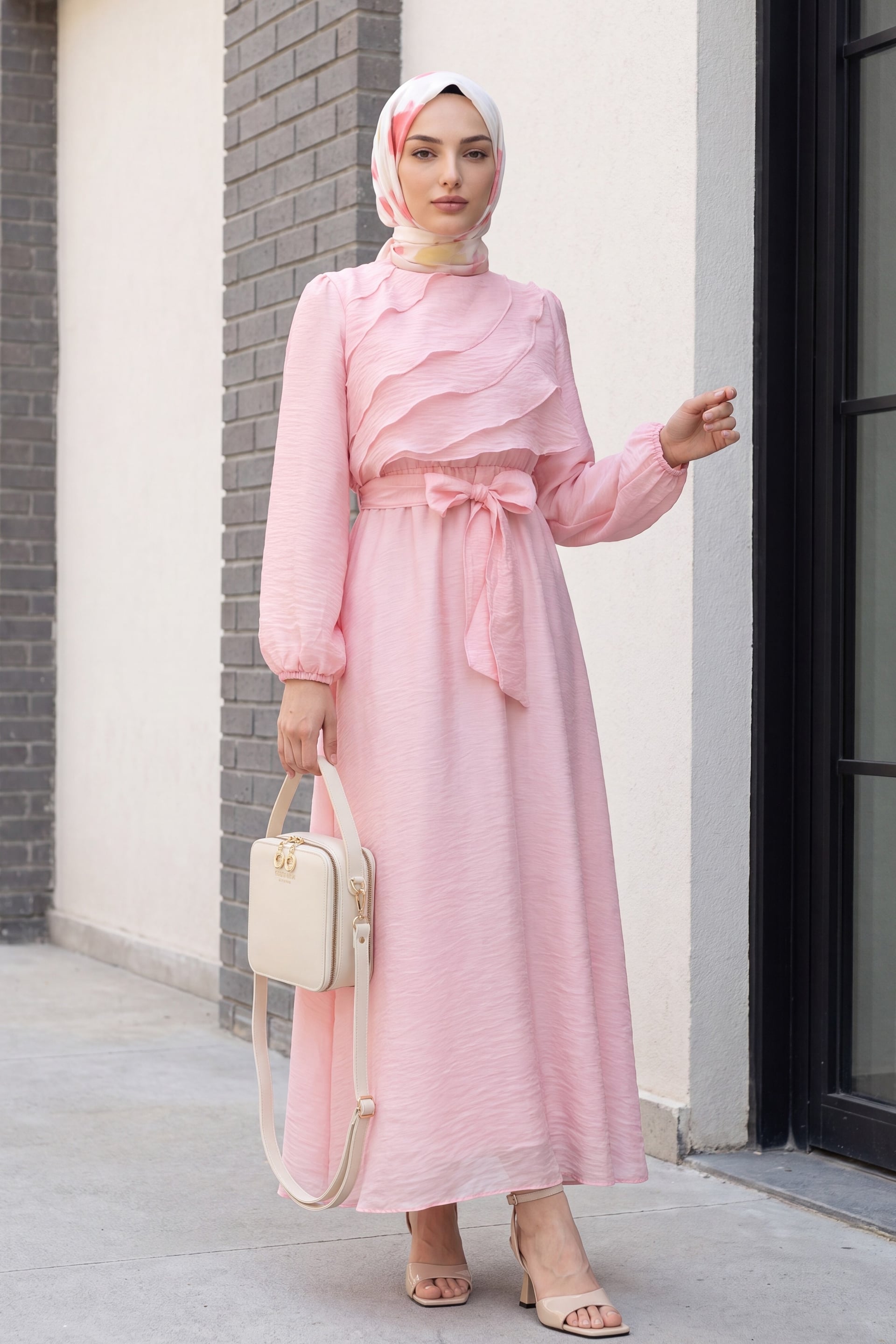 Pink Balloon Sleeve Lined Chiffon Dress with Elastic Waist Belt - Podyumplus - by Peralane - photo 2