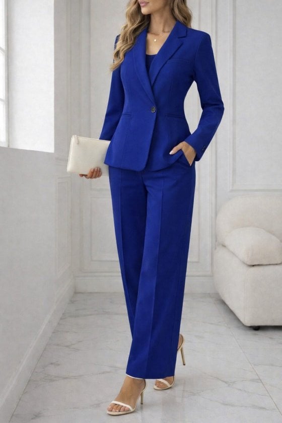 Women's Long Sleeve Notched Lapel Single Button Blazer and Wide-Leg Trousers Two-Piece Set in Royal Blue - Janes - by Peralane