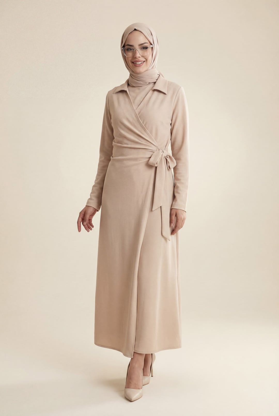 Women's Double-Layer Wrap Dress with Side Tie - Beige - Podyumplus - by Peralane - photo 2