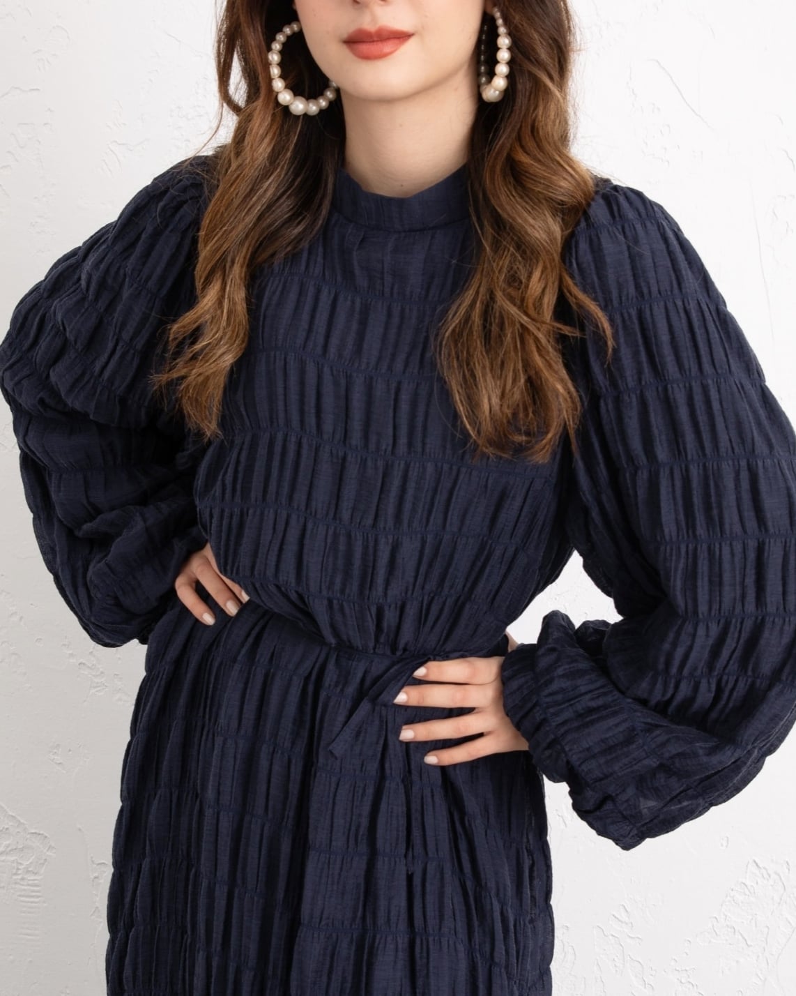 Navy Blue Lined Modal Dress with Elastic Cuffs and Puff Sleeves - Modest Style - Podyumplus - by Peralane - photo 6