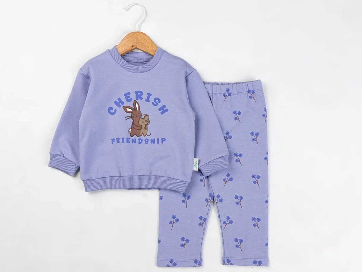 Girls' Rabbit & Mouse Print Flower Pattern Sleepwear Set - Lavender - Comix - by Peralane