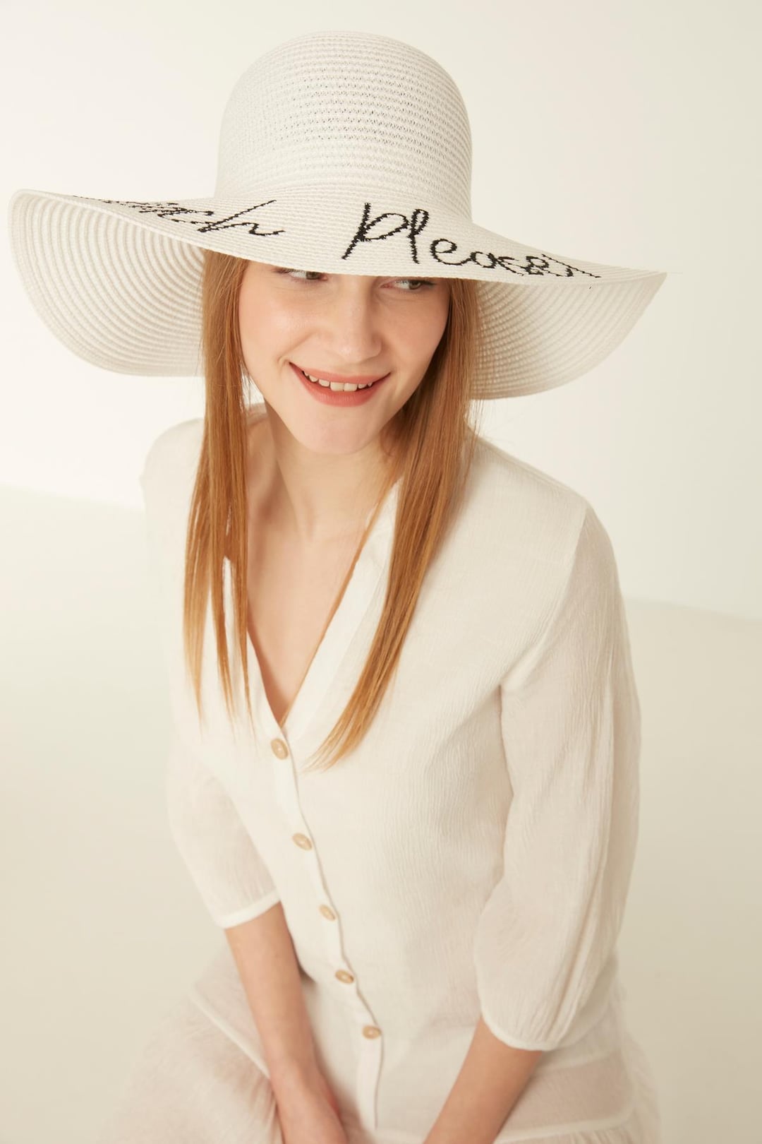 Beach Please White Straw Hat with Wide Brim - Nesvay - by Peralane