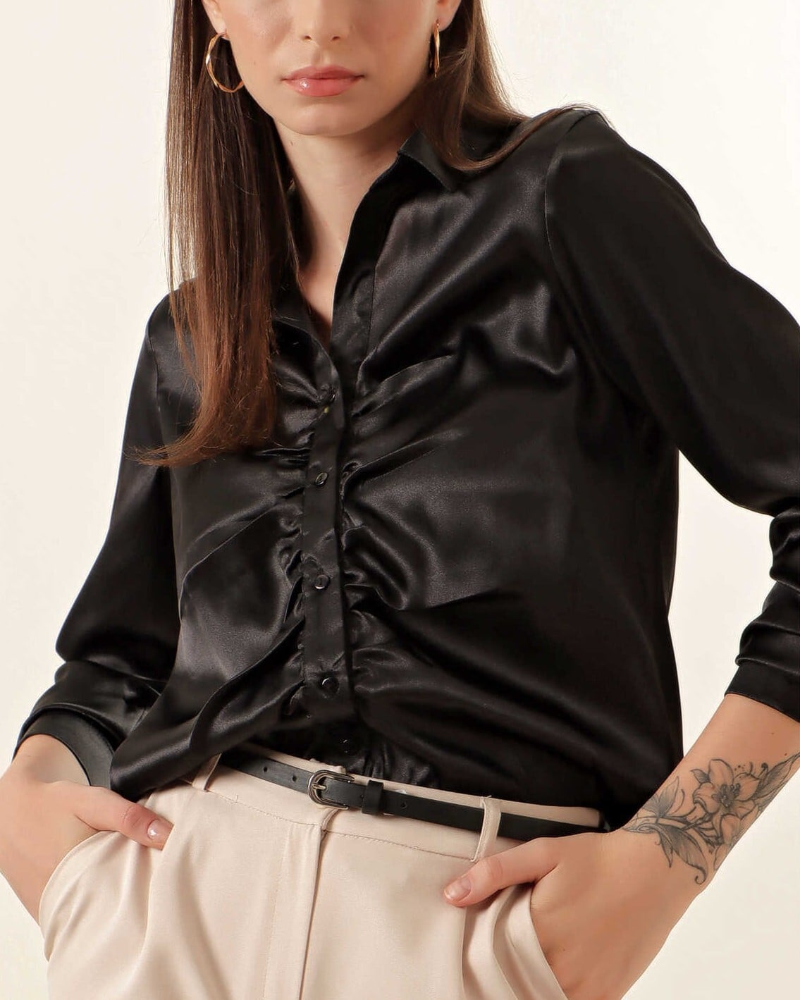 20112 Ruched Satin Shirt - Black - Bigdart - by Peralane - photo 2