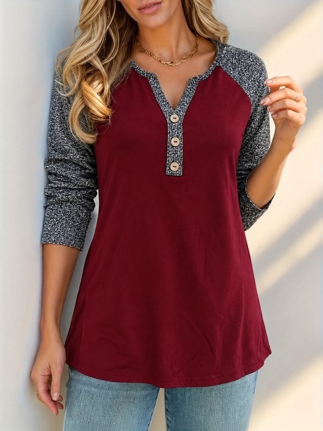 Women's Long-Sleeve V-Neck Button Blouse with Contrast Sleeves - Janes - by Peralane