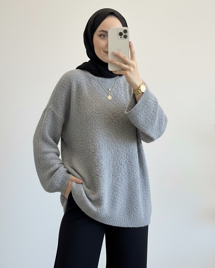 Pom-Pom Textured Relaxed Knit Sweater - Grey - Podyumplus - by Peralane - photo 5
