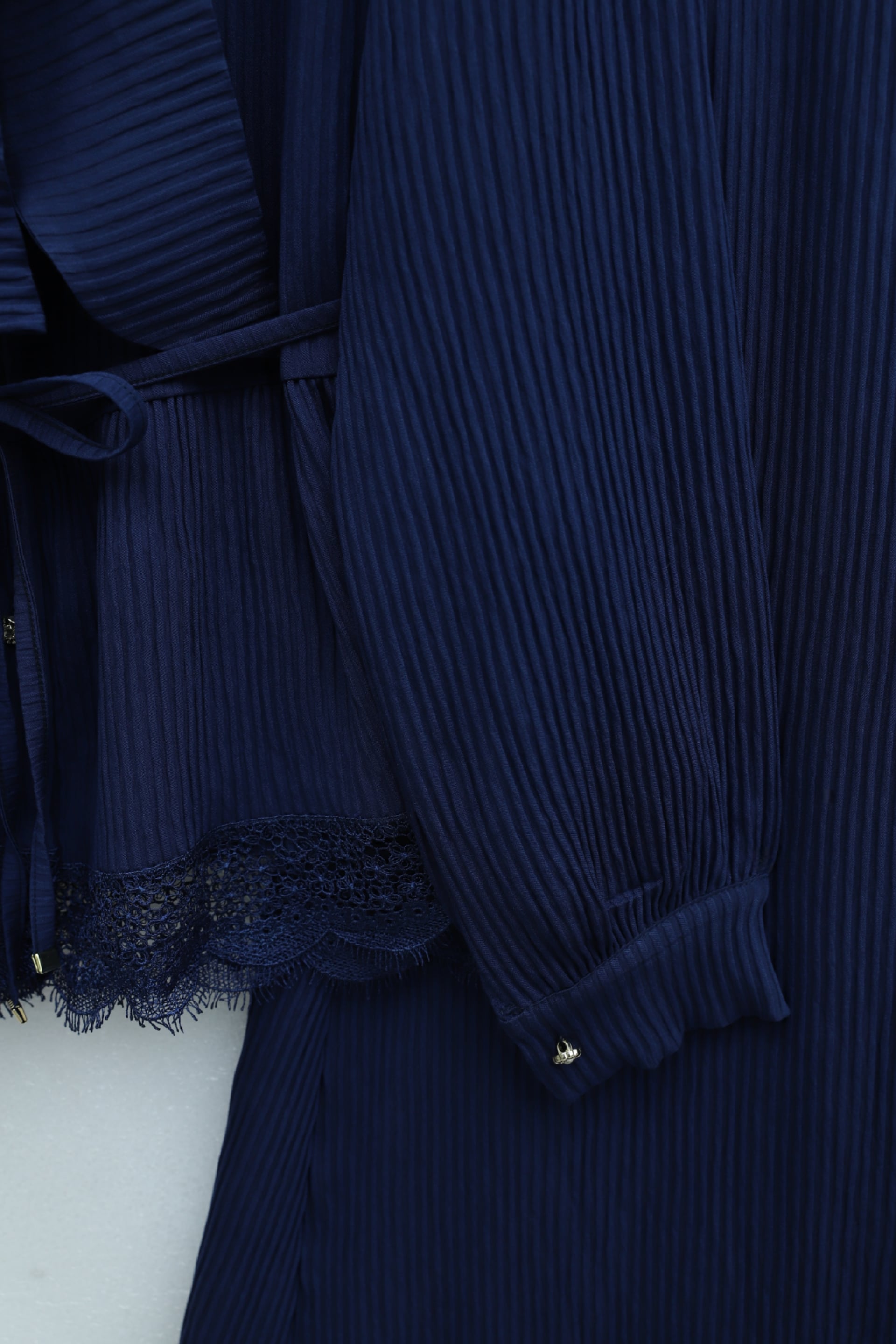 Navy Blue Tie-Waist Blouse and Lace-Trim Pleated Crepe Skirt Set - Podyumplus - by Peralane - photo 7