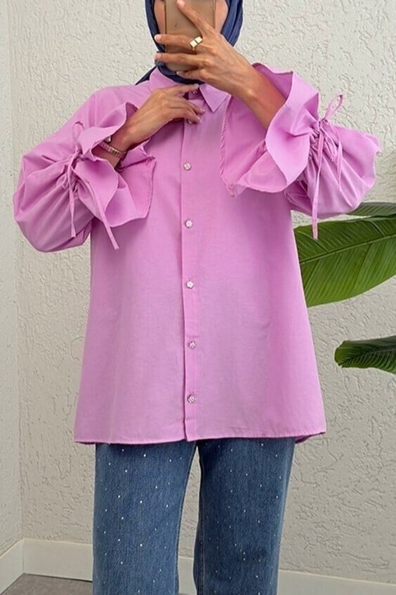 Light Pink Pleated Back Blouse with Ruched Sleeves - Podyumplus - by Peralane - photo 4