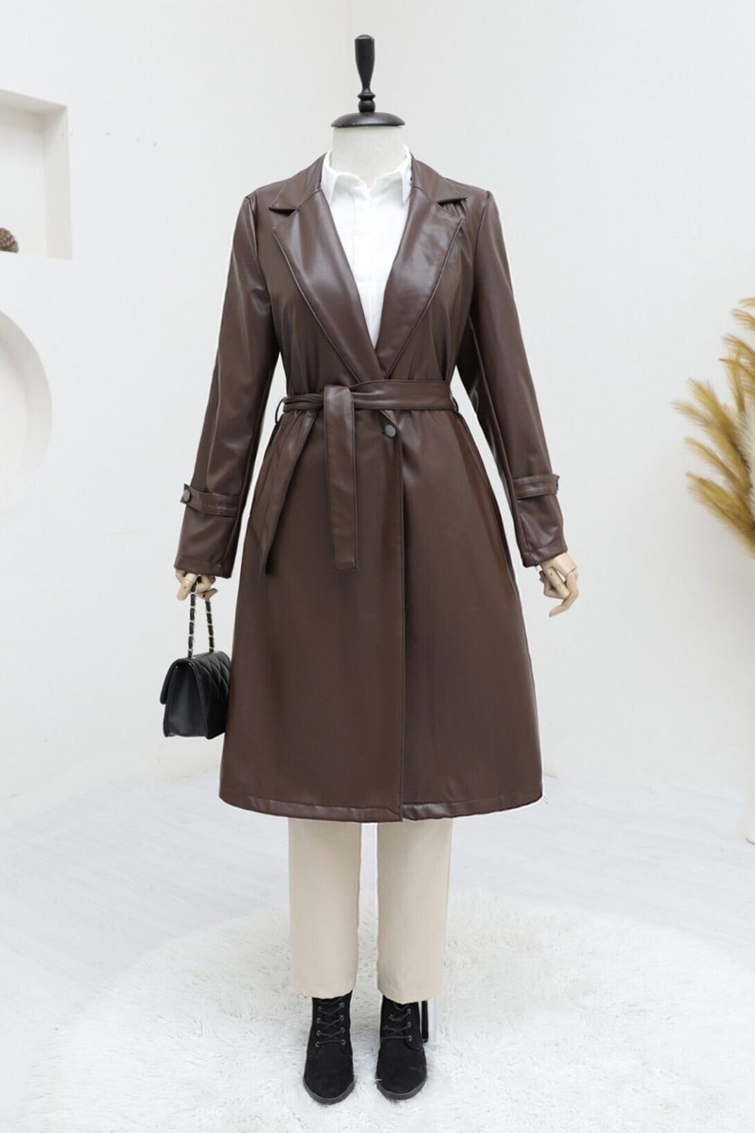 Belted Faux Leather Trench Coat - Brown - Podyumplus - by Peralane - photo 4