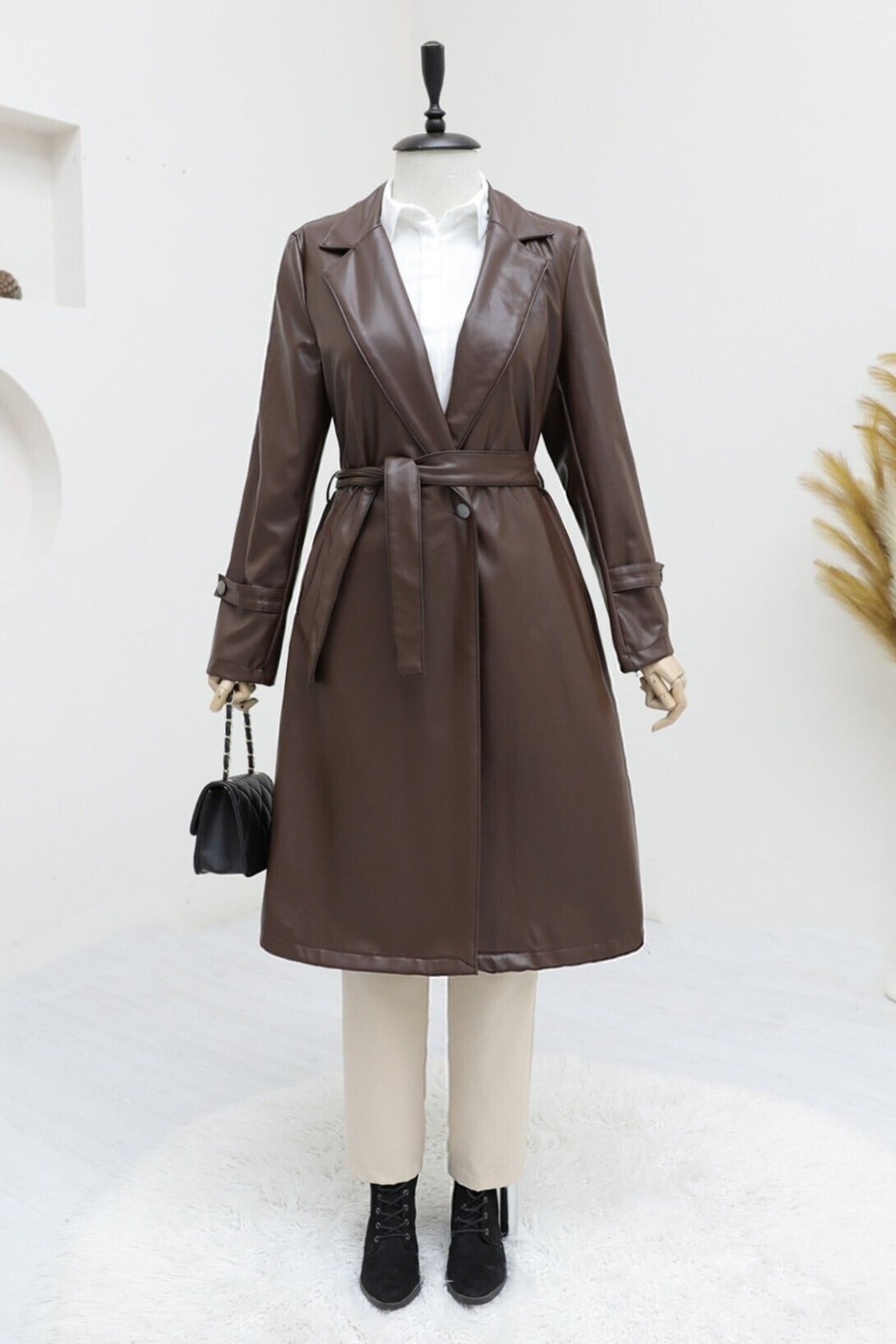 Belted Faux Leather Trench Coat - Brown - Podyumplus - by Peralane - photo 4