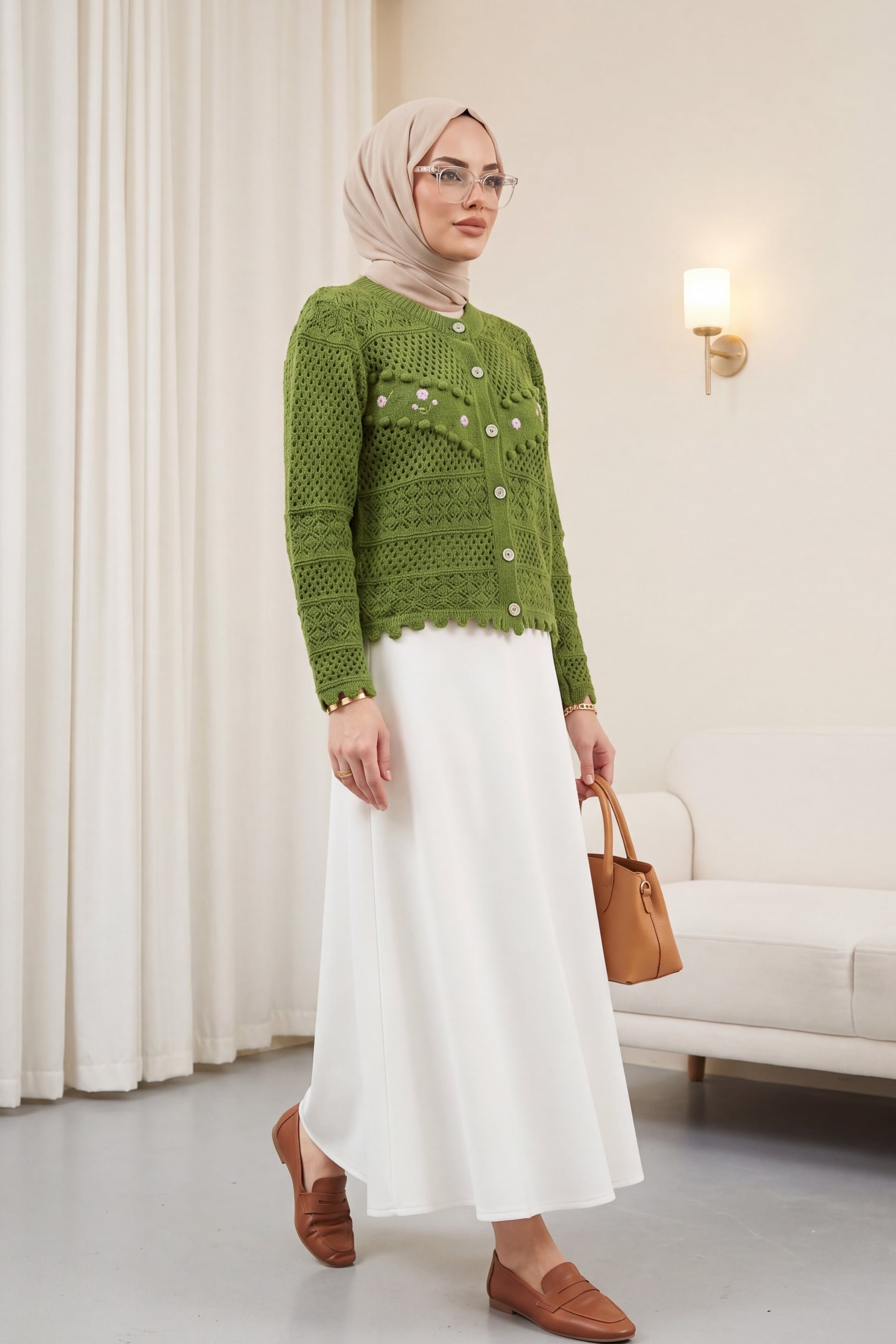 Front Floral Embroidered Pom-Pom Buttoned Knit Cardigan - Khaki - Podyumplus - by Peralane - photo 3
