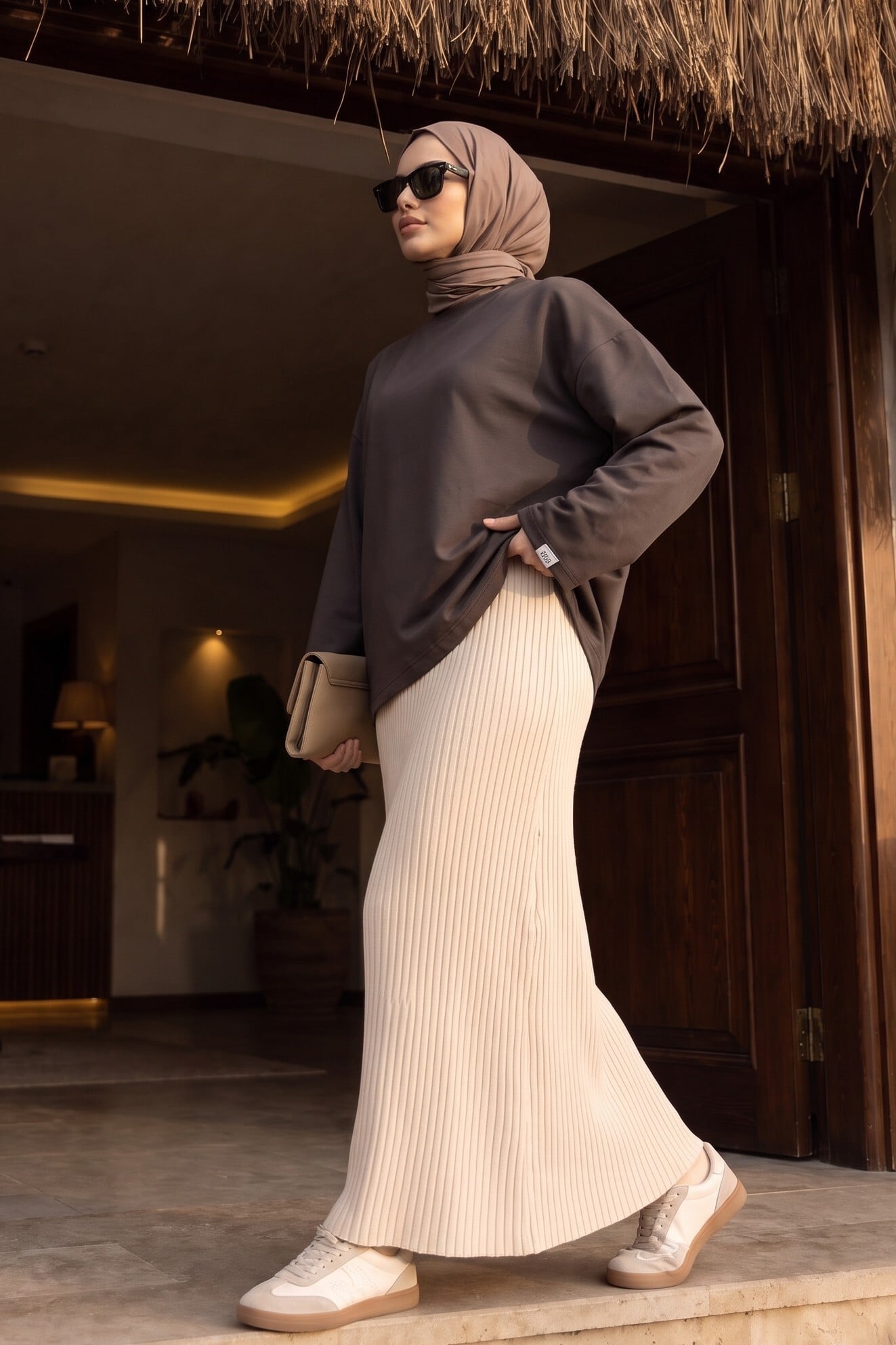 Crew Neck Long Sleeve Oversize Cotton-Blend Sweatshirt - Dark Brown - Podyumplus - by Peralane - photo 3